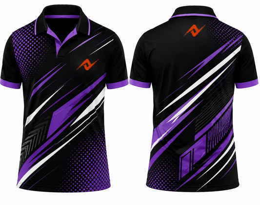 Premium black purple phantom cricket jersey front and back with orange logo on left chest and upper back, V-neck polo collar sublimation sports jersey