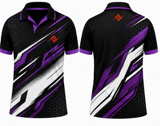 Premium black purple stealth hex cricket jersey front and back with orange logo on left chest and upper back, V-neck polo collar sublimation sports jersey