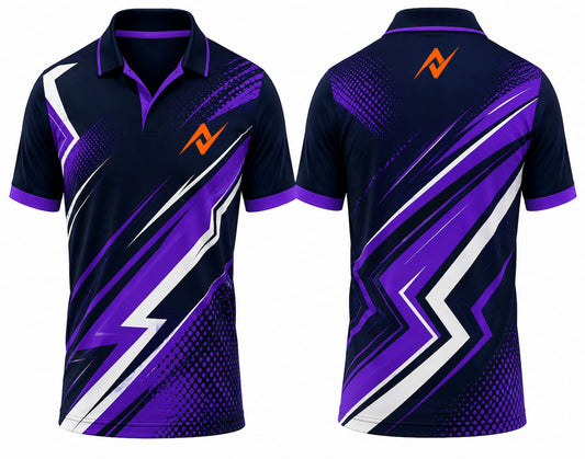 Premium black and purple cricket jersey front and back with orange logo on side chest and upper back, V-neck polo collar sublimation sports jersey