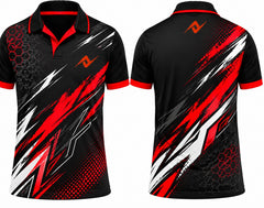 Premium black red inferno cricket jersey front and back with orange logo on left chest and upper back, V-neck polo collar sublimation sports jersey