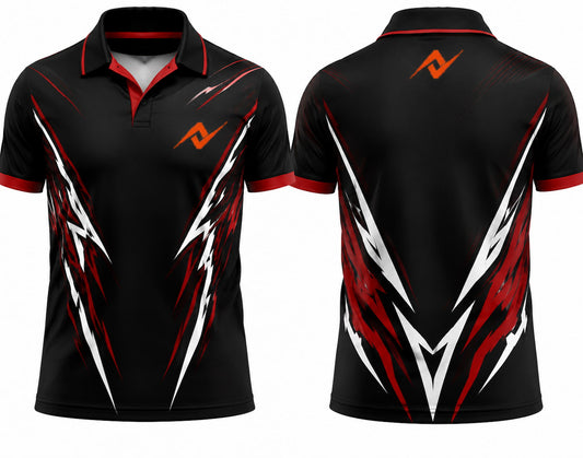 Premium black red thunder cricket jersey front and back with orange logo on left chest and upper back, V-neck polo collar sublimation sports jersey