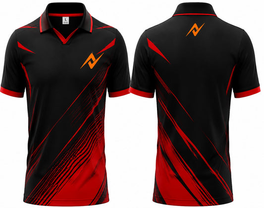 Premium black and red cricket jersey front and back with orange logo on side chest and upper back, V-neck polo collar sublimation sports jersey