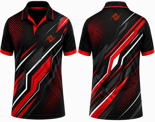 Premium black red Velocity Edge cricket jersey front and back with orange logo on left chest and upper back, V-neck polo collar sublimation sports jersey