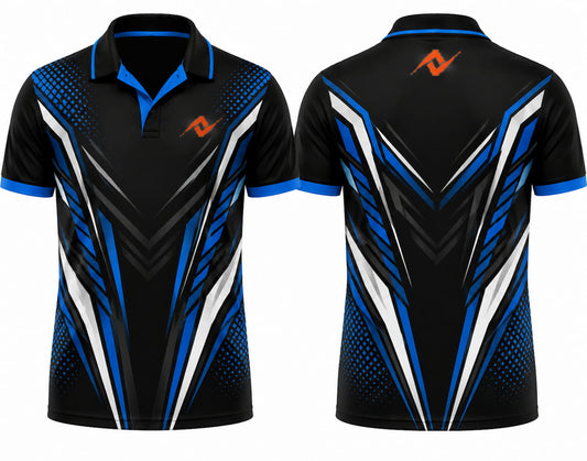 Premium black royal blue Vortex Pro cricket jersey front and back with orange logo on left chest and upper back, V-neck polo collar sublimation sports jersey