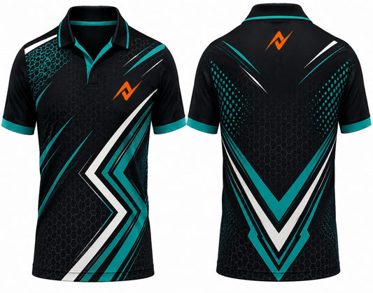 Premium black and teal cricket jersey front and back with orange logo on side chest and upper back, V-neck polo collar sublimation sports jersey