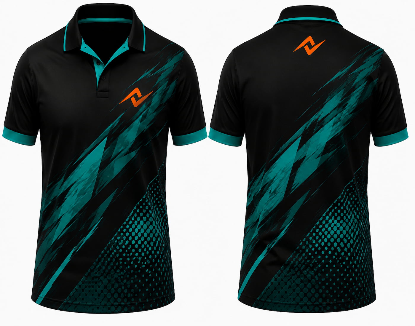 Premium black teal Velocity Edge cricket jersey front and back with orange logo on left chest and upper back, teal diagonal brush graphics, V-neck polo collar sublimation sports jersey