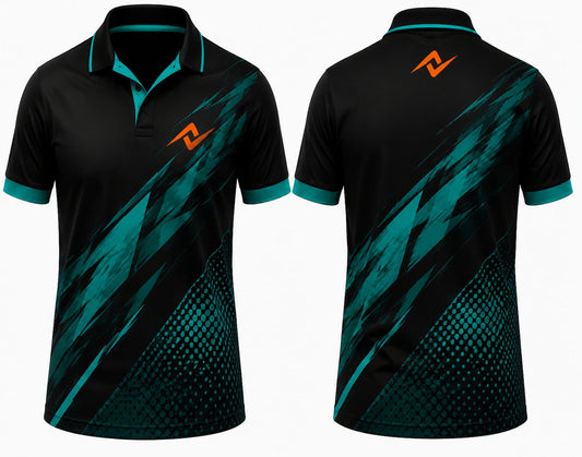 Premium black teal Velocity Edge cricket jersey front and back with orange logo on left chest and upper back, teal diagonal brush graphics, V-neck polo collar sublimation sports jersey