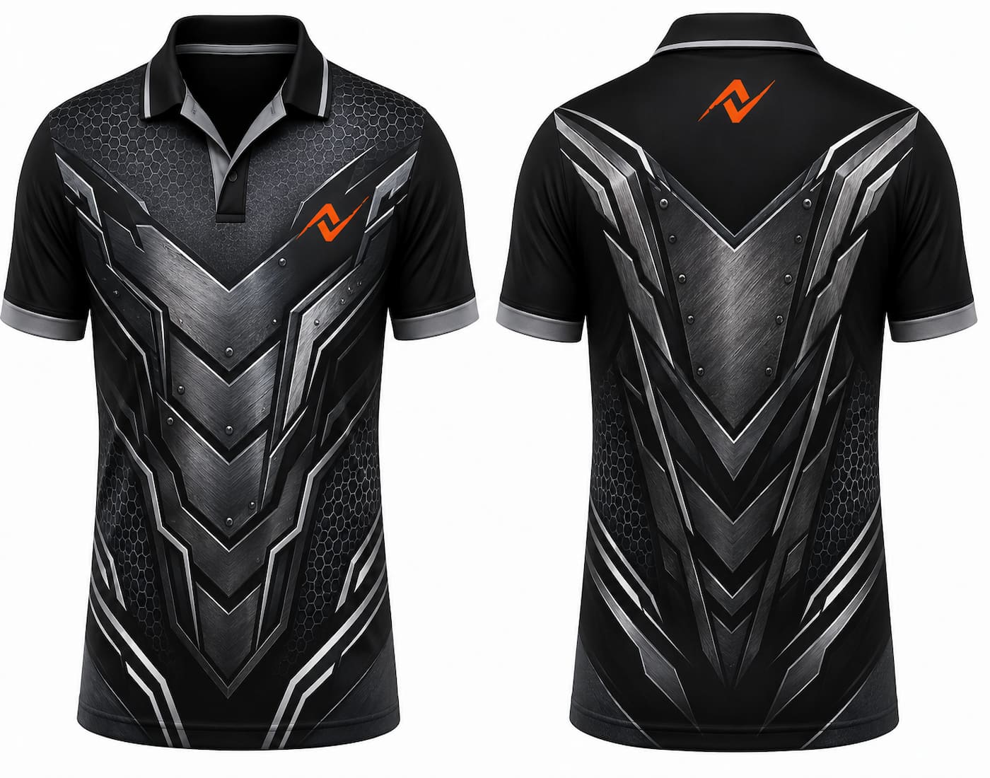 Premium black titanium armor cricket jersey front and back with orange logo on left chest and upper back, brushed metal geometric design, V-neck polo collar sublimation sports jersey