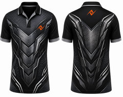 Premium black titanium armor cricket jersey front and back with orange logo on left chest and upper back, brushed metal geometric design, V-neck polo collar sublimation sports jersey