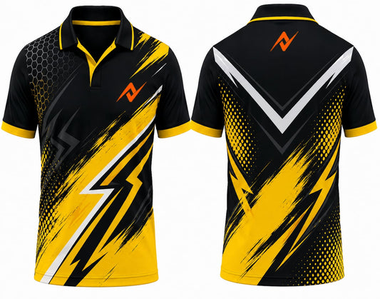 Premium black and yellow cricket jersey front and back with orange logo on side chest and upper back, V-neck polo collar sublimation sports jersey