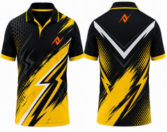 Premium black and yellow cricket jersey front and back with orange logo on side chest and upper back, V-neck polo collar sublimation sports jersey