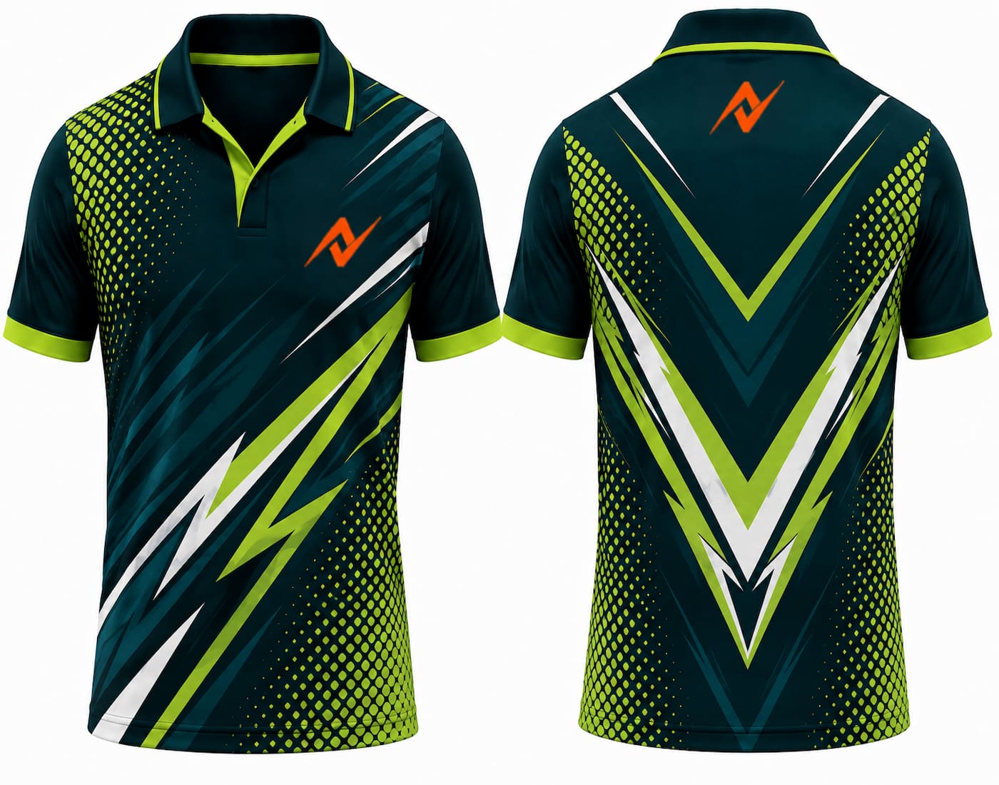 Premium dark teal and lime green cricket jersey front and back with orange logo on side chest and upper back, V-neck polo collar sublimation sports jersey