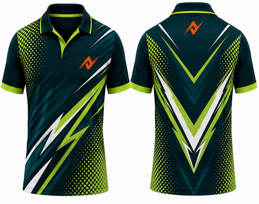 Premium dark teal and lime green cricket jersey front and back with orange logo on side chest and upper back, V-neck polo collar sublimation sports jersey
