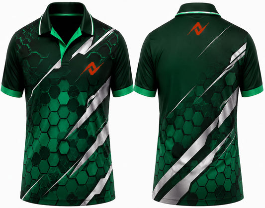 Premium emerald green Hex Armor cricket jersey front and back with orange logo on left chest and upper back, V-neck polo collar sublimation sports jersey