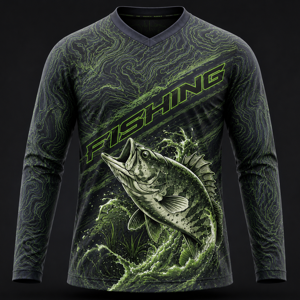 Premium black fishing performance shirt with topographic contour graphics and fish splash artwork, UV 50+ long sleeve tactical angler jersey for men.