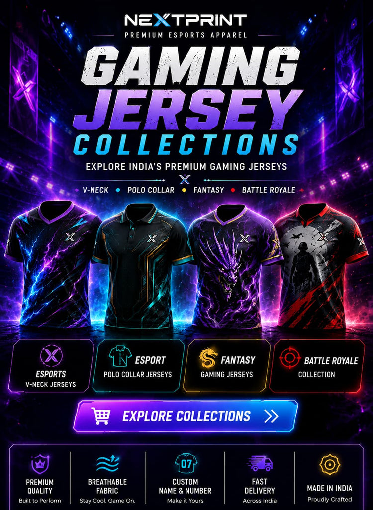 Gaming Jersey Collections mobile homepage banner featuring Esports V-Neck Jerseys, Esport Polo Collar Jerseys, Fantasy Gaming Jerseys, and Battle Royale Collection by NextPrint.