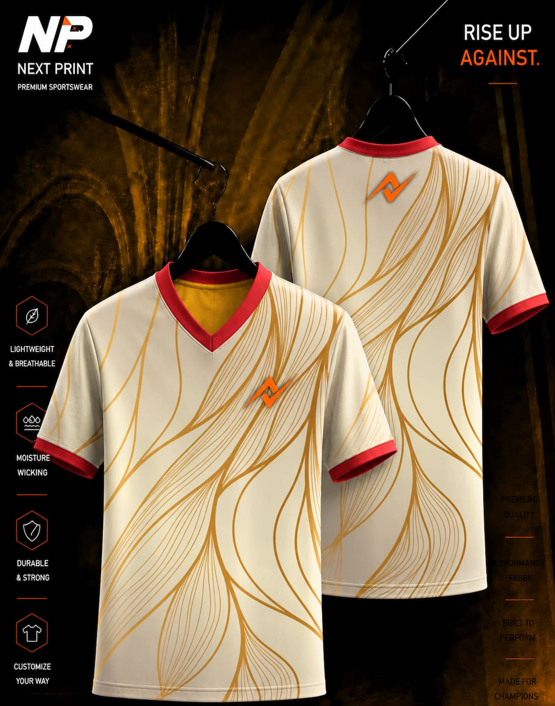 Premium white and gold wave V-neck sublimation sports jersey with custom logo for cricket, esports, volleyball, and team uniforms.