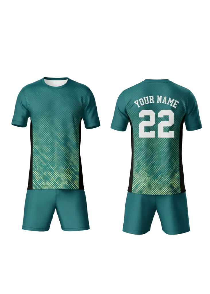 Green custom sports jersey with matching shorts for cricket, football and team sports uniform front and back view design in India