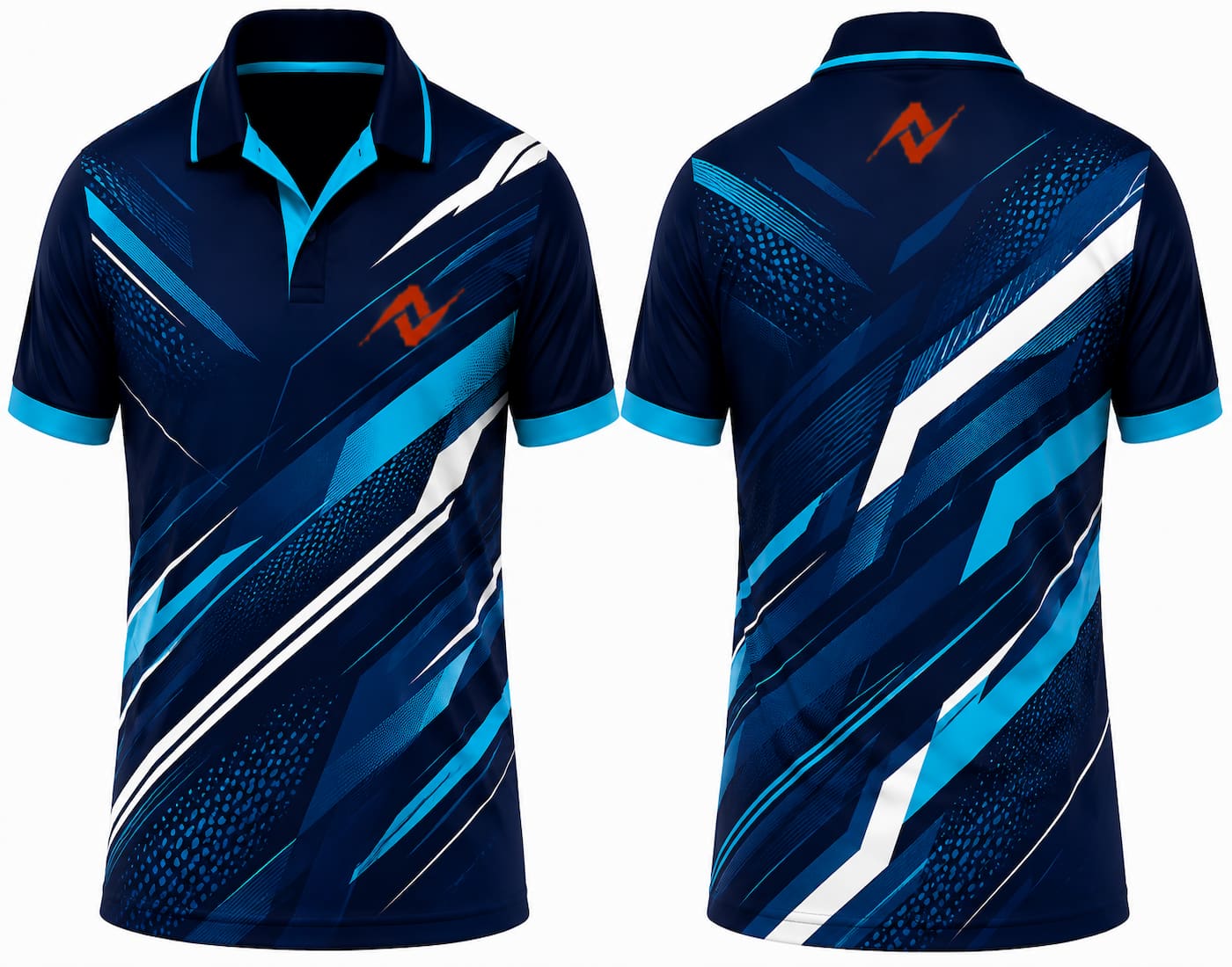 Premium navy Arctic Fusion cricket jersey front and back with orange logo on left chest and upper back, V-neck polo collar sublimation sports jersey
