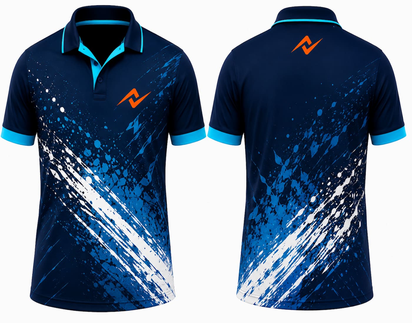 Premium navy blue Aqua Splash cricket jersey front and back with orange logo on left chest and upper back, blue and white paint splash graphics, V-neck polo collar sublimation sports jersey