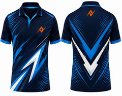 Premium navy blue electric cricket jersey front and back with orange logo on side chest and upper back, V-neck polo collar sublimation sports jersey