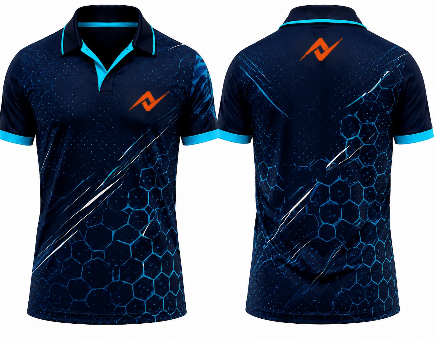 Premium navy blue hexagon tech cricket jersey front and back with orange logo on left chest and upper back, V-neck polo collar sublimation sports jersey
