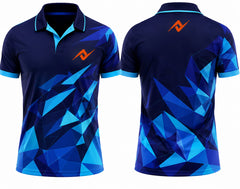 Premium navy blue polygon fusion cricket jersey front and back with orange logo on left chest and upper back, V-neck polo collar sublimation sports jersey