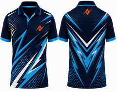 Premium navy blue and sky blue cricket jersey front and back with orange logo on side chest and upper back, V-neck polo collar sublimation sports jersey