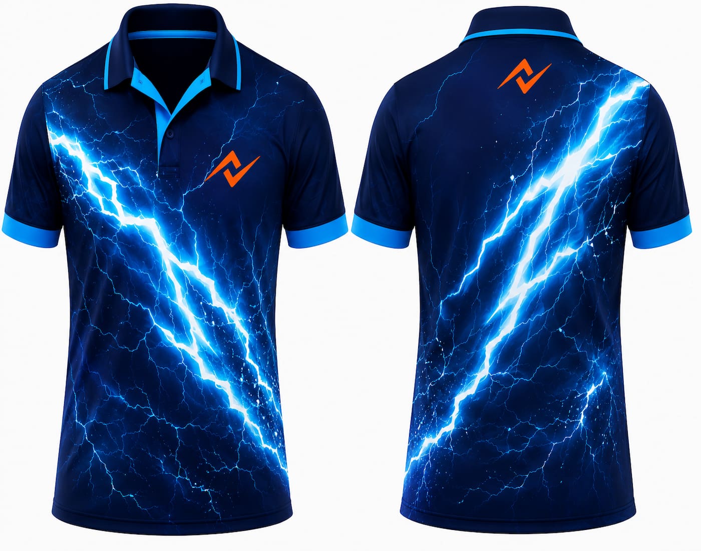 Premium navy blue Thunder Strike cricket jersey front and back with orange logo on left chest and upper back, electric blue lightning graphics, V-neck polo collar sublimation sports jersey