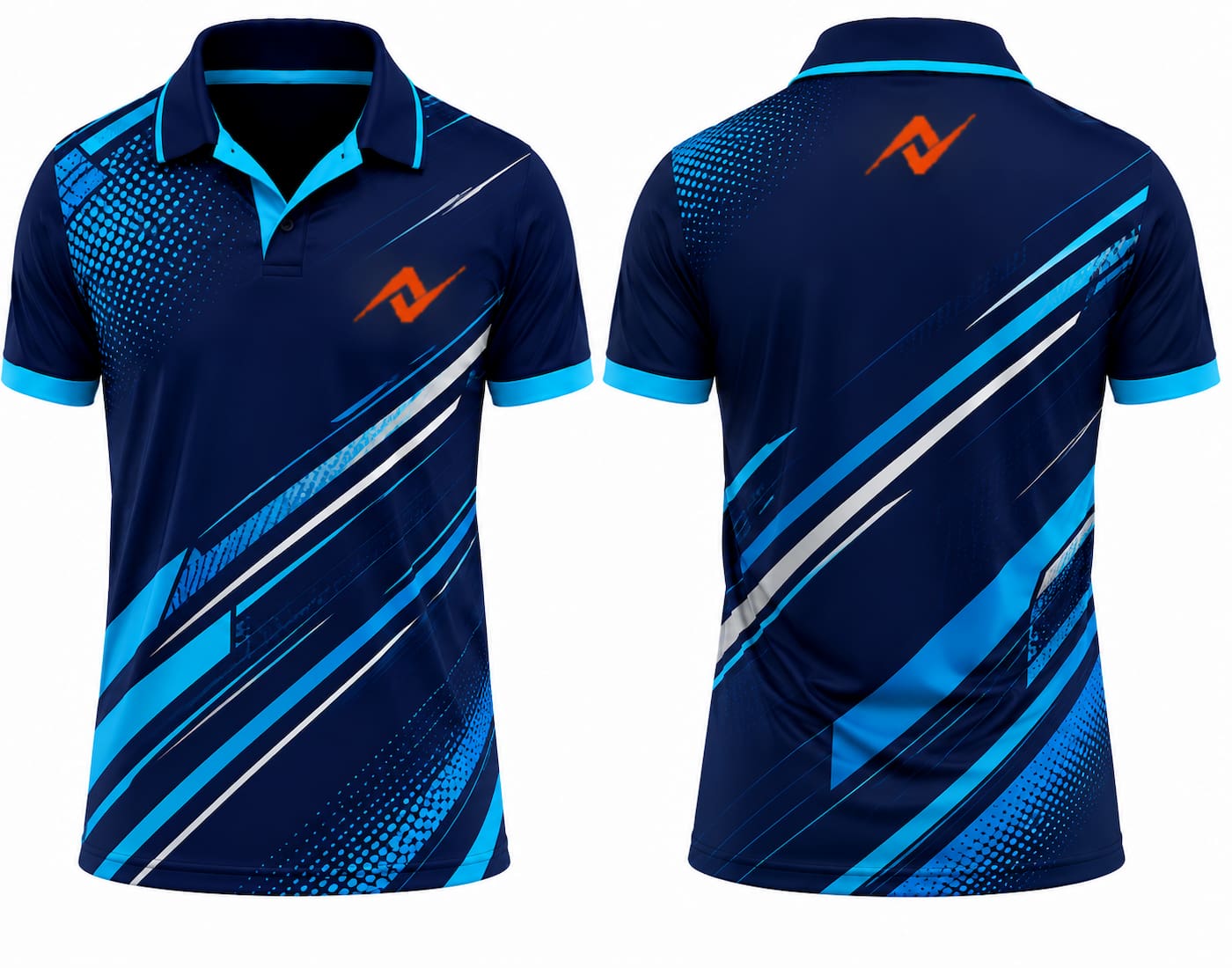 Premium navy blue velocity strike cricket jersey front and back with orange logo on left chest and upper back, V-neck polo collar sublimation sports jersey