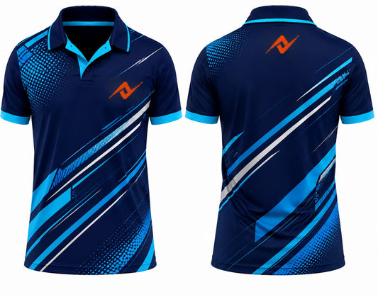 Premium navy blue velocity strike cricket jersey front and back with orange logo on left chest and upper back, V-neck polo collar sublimation sports jersey