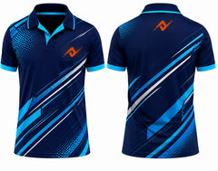 Premium navy blue velocity strike cricket jersey front and back with orange logo on left chest and upper back, V-neck polo collar sublimation sports jersey