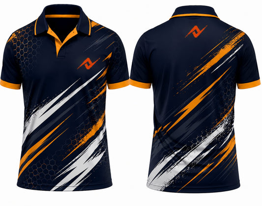Premium navy orange velocity hex cricket jersey front and back with orange logo on left chest and upper back, V-neck polo collar sublimation sports jersey