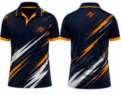 Premium navy orange velocity hex cricket jersey front and back with orange logo on left chest and upper back, V-neck polo collar sublimation sports jersey