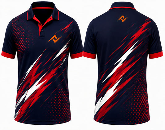 Premium navy red Lightning Strike cricket jersey front and back with orange logo on left chest and upper back, red and white lightning graphics, V-neck polo collar sublimation sports jersey