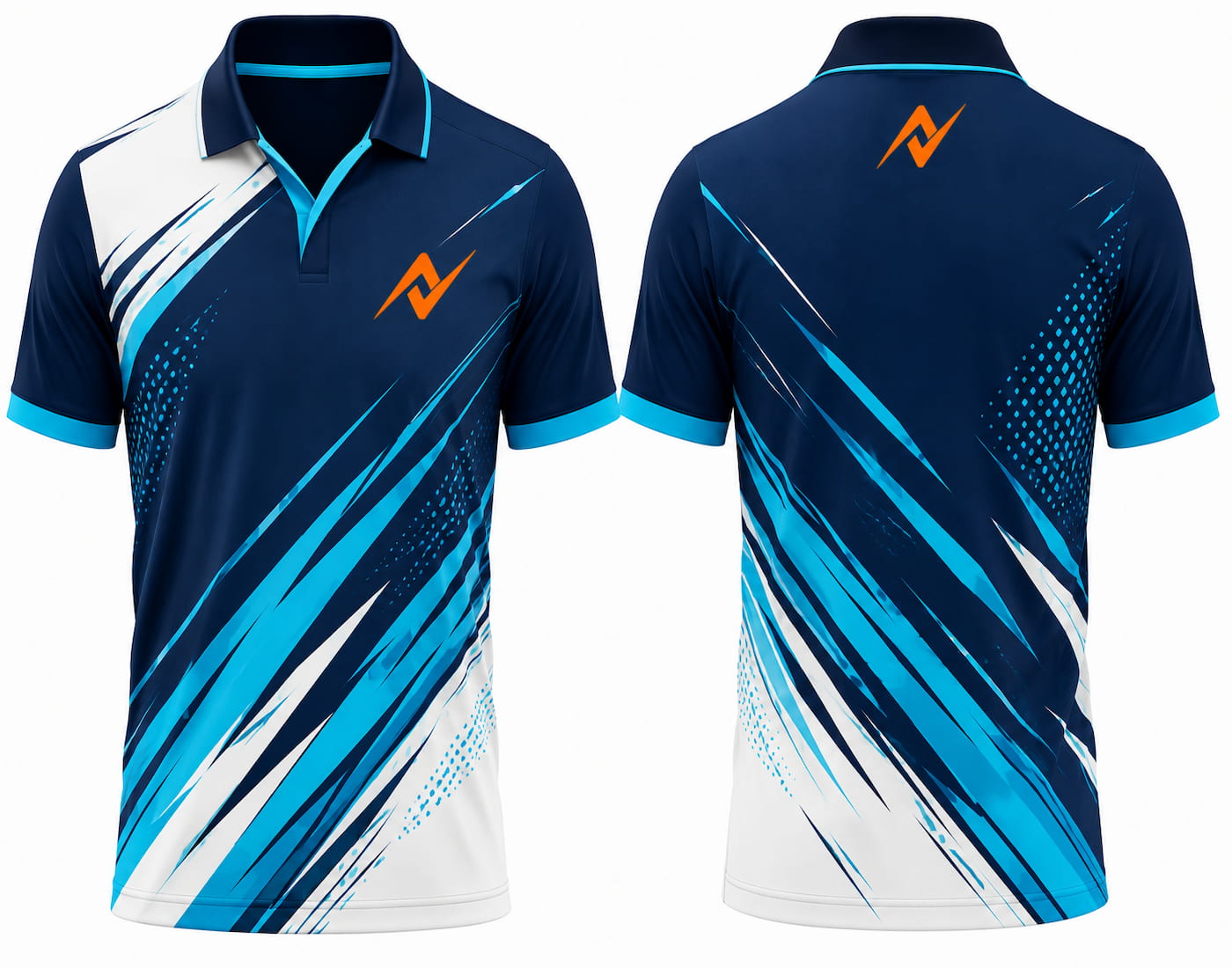 Premium navy and sky blue cricket jersey front and back with orange logo on side chest and upper back, V-neck polo collar sublimation sports jersey