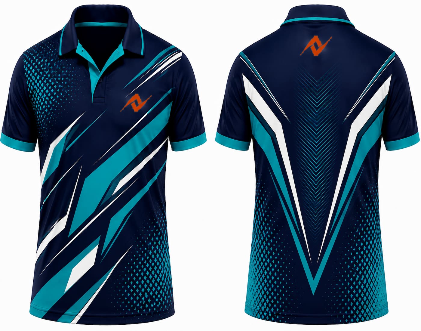 Premium navy teal Aero Strike cricket jersey front and back with orange logo on left chest and upper back, V-neck polo collar sublimation sports jersey