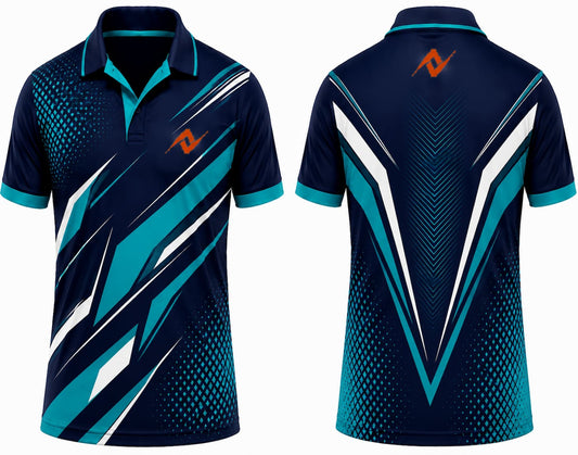 Premium navy teal Aero Strike cricket jersey front and back with orange logo on left chest and upper back, V-neck polo collar sublimation sports jersey