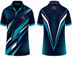 Premium navy teal Aero Strike cricket jersey front and back with orange logo on left chest and upper back, V-neck polo collar sublimation sports jersey