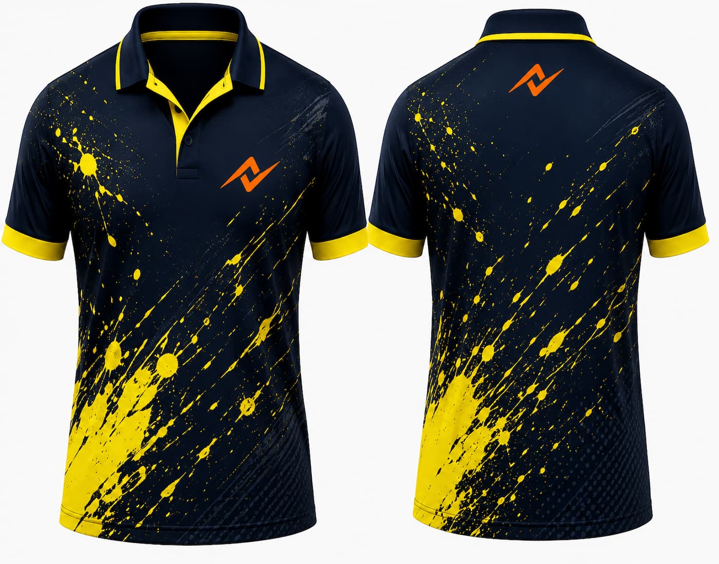 Premium navy blue and yellow Impact Splash cricket jersey front and back with orange logo, yellow paint splash graphics, V-neck polo collar sublimation cricket jersey
