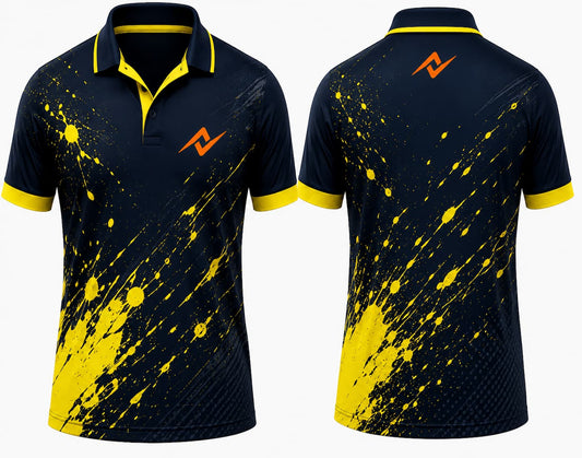 Premium navy blue and yellow Impact Splash cricket jersey front and back with orange logo, yellow paint splash graphics, V-neck polo collar sublimation cricket jersey