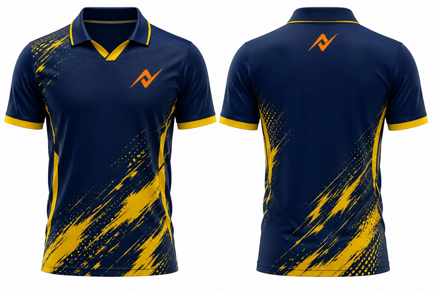Premium navy yellow cricket jersey front and back with orange logo, V-neck polo collar sublimation sports shirt