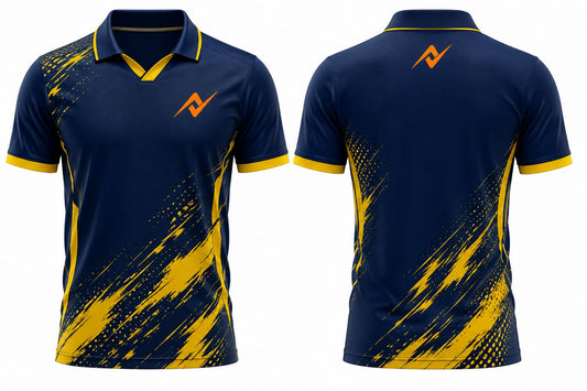 Premium navy yellow cricket jersey front and back with orange logo, V-neck polo collar sublimation sports shirt