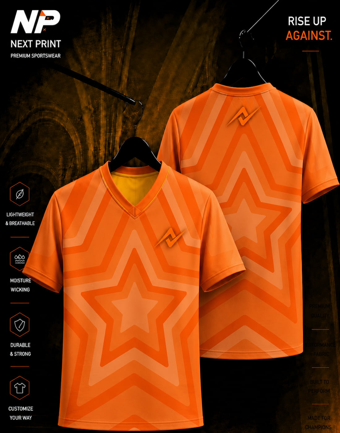Premium orange star burst V-neck sublimation sports jersey front and back mockup with Next Print logo.