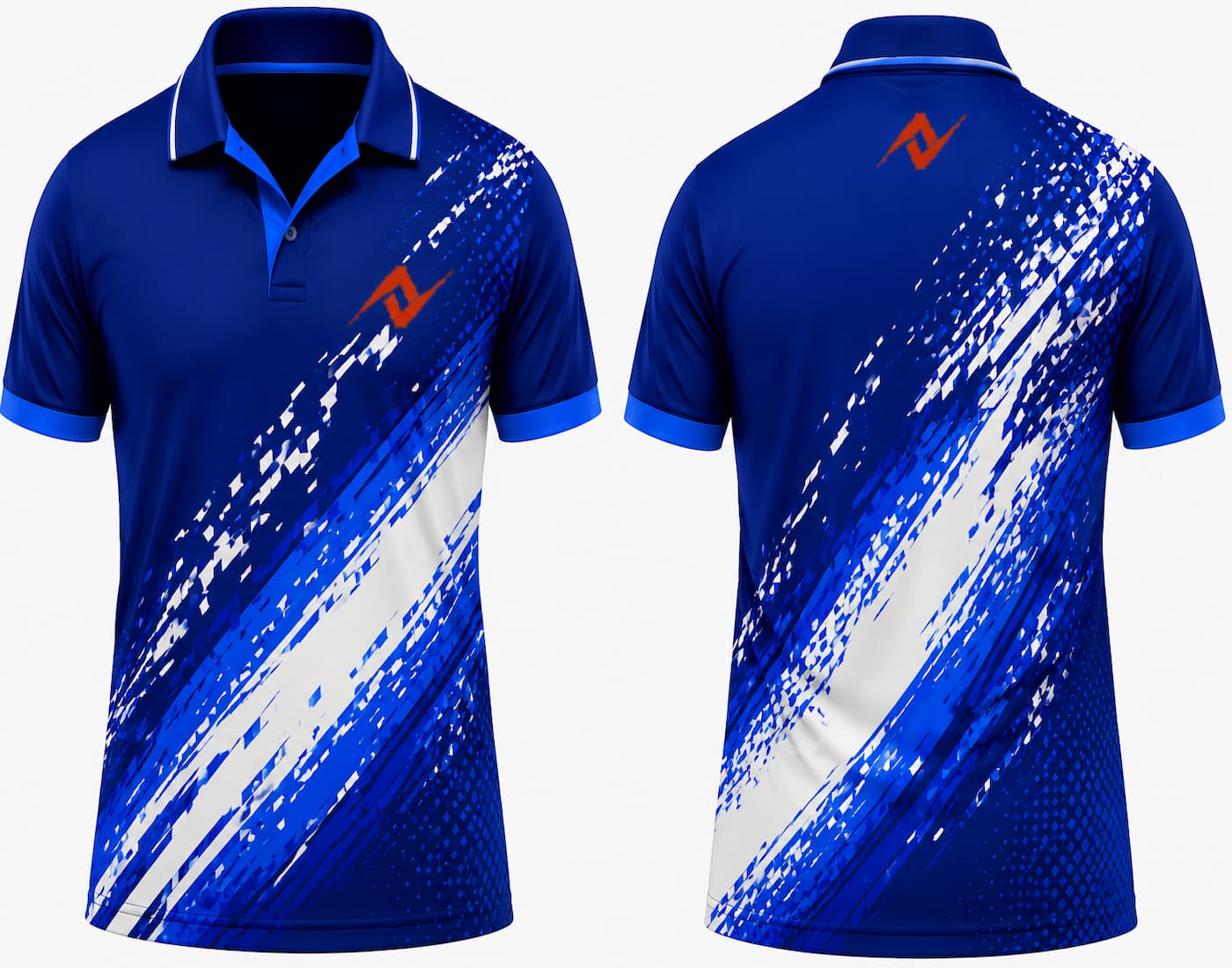 Premium royal blue Digital Storm cricket jersey front and back with orange logo on left chest and upper back, V-neck polo collar sublimation sports jersey