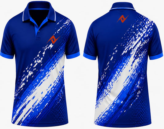Premium royal blue Digital Storm cricket jersey front and back with orange logo on left chest and upper back, V-neck polo collar sublimation sports jersey