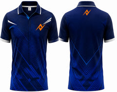 Premium royal blue cricket jersey front and back with orange logo on side chest and upper back, V-neck polo collar sublimation sports jersey
