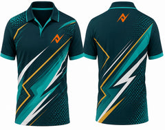 Premium teal white gold cricket jersey front and back with orange logo on side chest and upper back, V-neck polo collar sublimation sports jersey