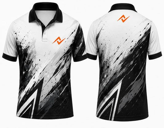 Premium white and black Monochrome Apex cricket jersey front and back with orange chest logo, abstract black brush stroke graphics, V-neck polo collar sublimation cricket jersey