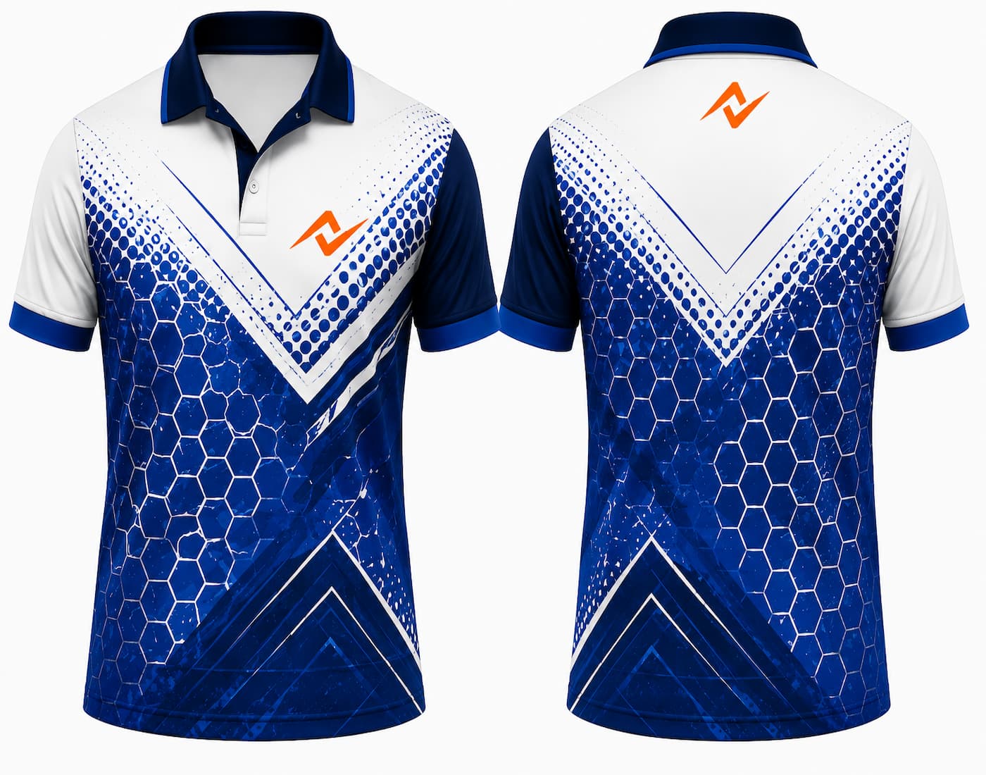 Premium white and royal blue Hexa Shield cricket jersey front and back with orange chest logo, blue honeycomb hexagon graphics, V-chevron design, V-neck polo collar sublimation cricket jersey